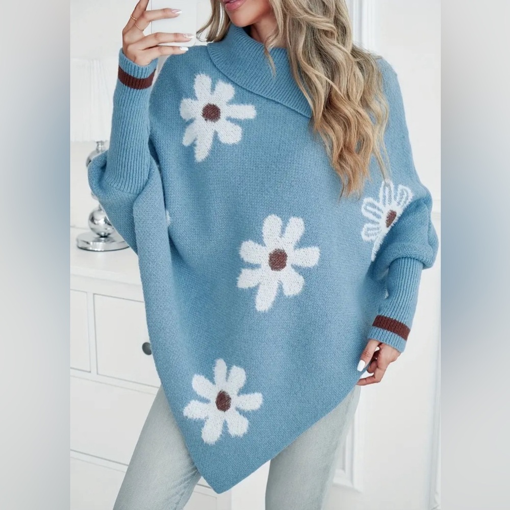 Daisy Patterned Blue Poncho Sweater